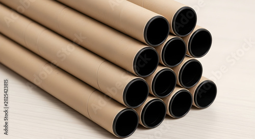 A stack of cardboard tubes arranged neatly on a surface indoors.