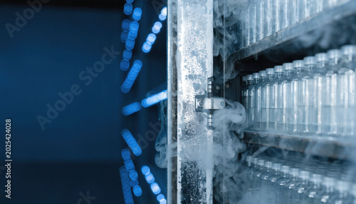 Frozen laboratory vials in cold storage with vapor and blue lights
