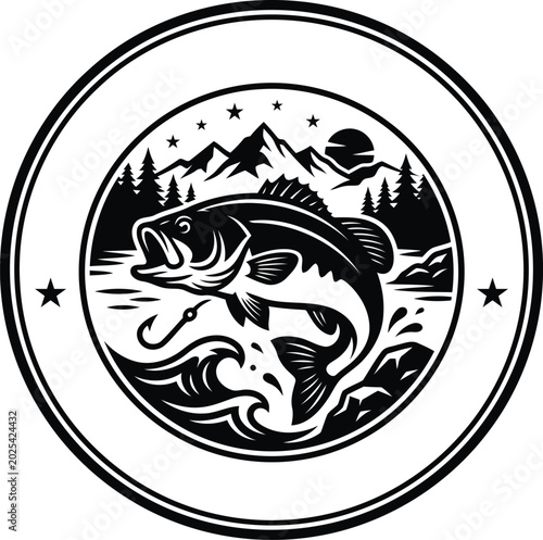 Bild auf Leinwand Vintage bass fishing emblem with mountain and wave design