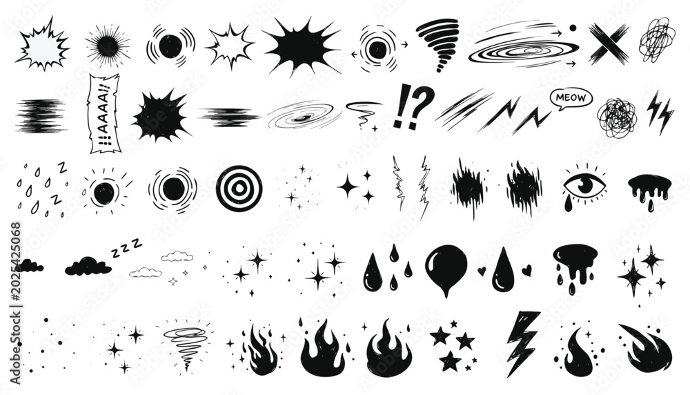 Naklejka premium Collection of black and white hand drawn comic book effects and symbols