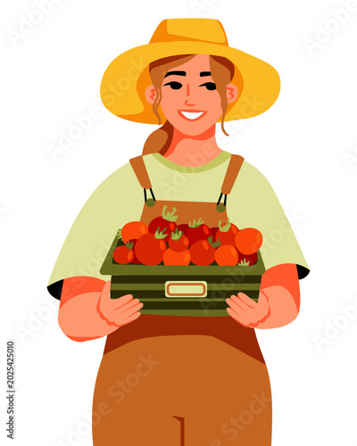 Farmer woman holding a wooden crate full of fresh tomatoes. Vegetables. Farmers market. Local organic products. Harvest season. Vector
