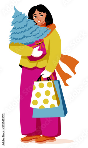 Christmas shopping girl. Woman hold gift packages and bags, holiday time. Young girl during preparation for winter vacation, Xmas and New Year. Vector illustration