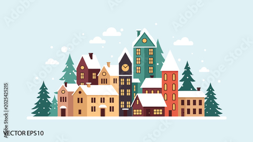 Canvas Print A whimsical winter village scene with snow-covered buildings and evergreen trees