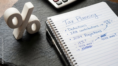 Scissors and notebook with tax and financial notes