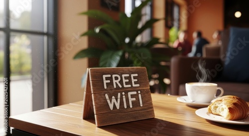 Free WiFi sign on a table in a cafe with coffee and pastry.