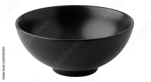 A single, empty matte black ceramic bowl with a rounded shape, isolated on a solid black background, viewed from a slightly elevated angle