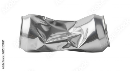 A single, empty, and crushed silver aluminum beverage can isolated against a solid black background, showing deep dents and metallic reflections