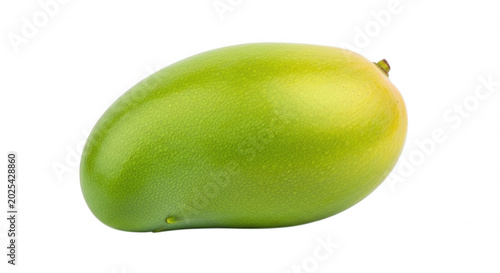 A single, fresh, green and yellow mango fruit isolated on a solid black background, showing smooth skin texture and oval shape