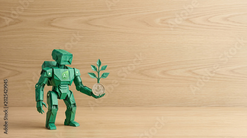 Ai agent for business with green robot holding plant on wood background