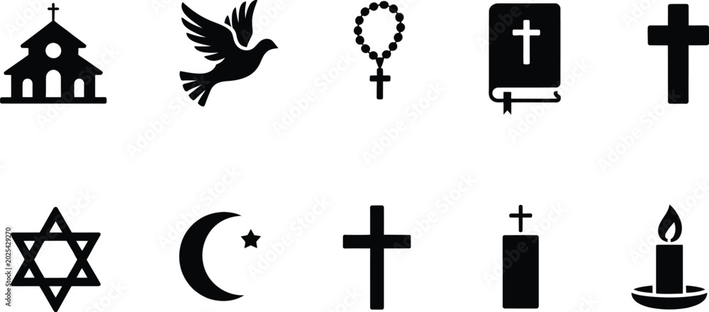 Fototapeta premium Religious Symbols and Christianity Icons Vector Set with Cross Bible Church and Faith Elements