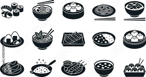 Photos Black and white asian food including sushi, noodles, dumplings, and rolls