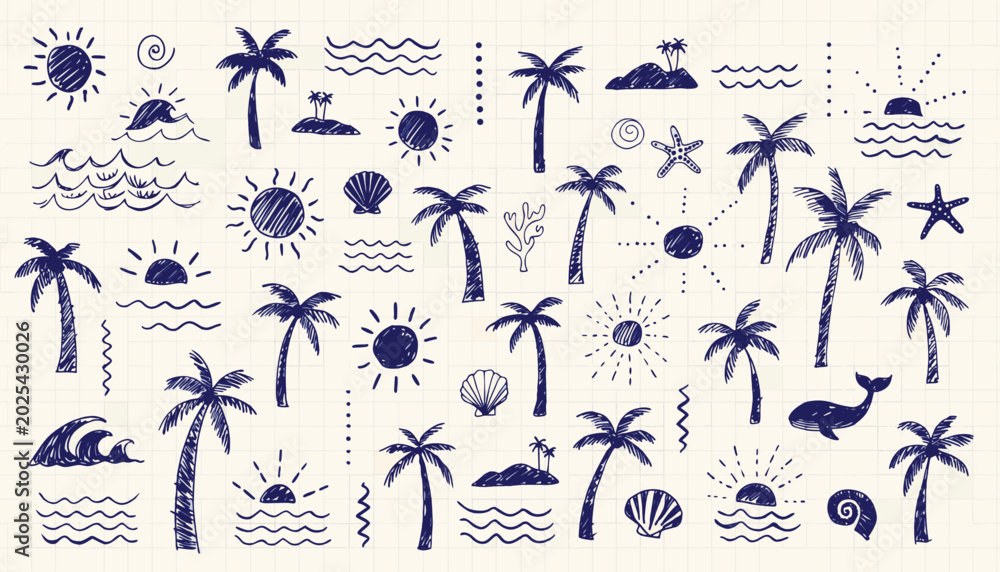 Fototapeta premium Tropical doodle art a whimsical collection of palm trees sun and ocean waves