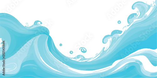 Canvas Print Stylized blue ocean waves with white foam and bubbles on white background abstra