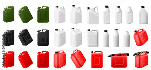 Set of metal and plastic canisters with handle isolated on white background, Empty containers mockup. Fuel tank. Jerrycan for petrol or diesel. Gasoline storage. Realistic 3d vector illustration.