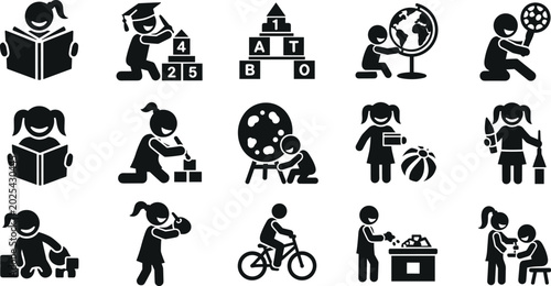 Tableau sur toile Children learning and playing black stick figure icon set with books building bl