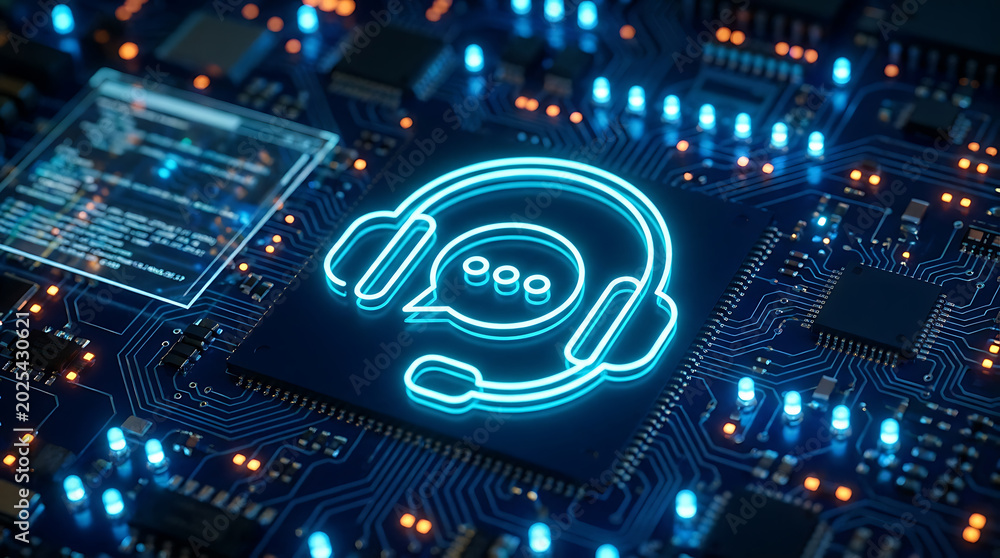 Fototapeta premium Artificial intelligence customer service chatbot icon on a futuristic circuit board with glowing blue lights and digital connections.