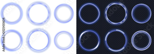 Set of futuristic blue neon rings with glowing light effects isolated on transparent and dark backgrounds. Modern digital design elements suitable for gaming, technology, HUD interfaces, and sci-fi vi