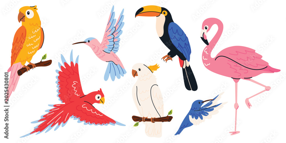 Fototapeta premium Cute tropical birds vector set with parrot, toucan, flamingo, hummingbird and cockatoo. Exotic jungle animals in cartoon flat style. Colorful hand drawn birds isolated on white background.