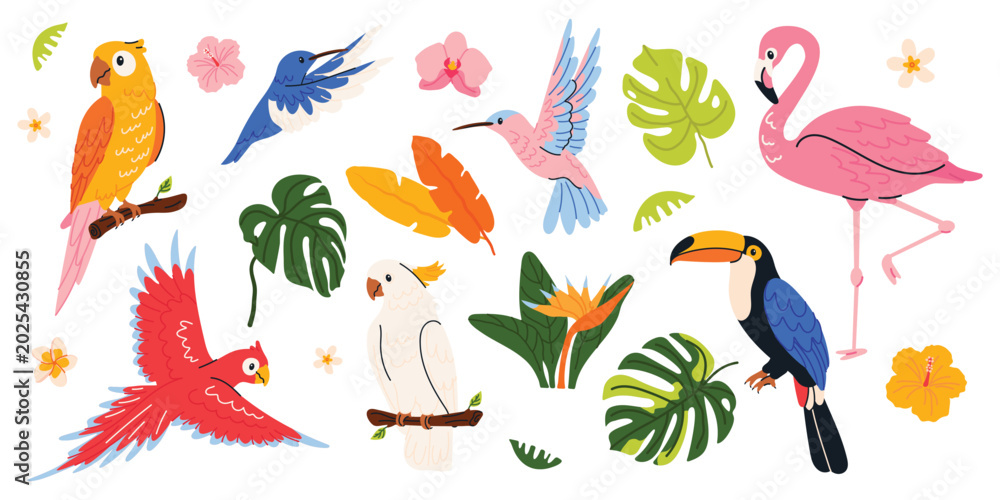 Obraz premium Tropical paradise vector collection with exotic birds, jungle leaves and bright flowers. Cute flamingo, toucan, parrots and tropical plants in trendy cartoon style. Colorful summer illustration set 