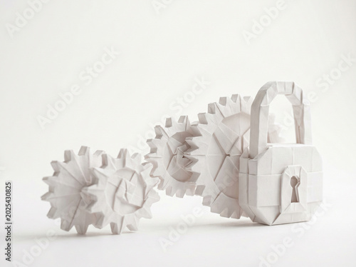 Paper gear lock concept for business ai agent with white origami style on clean background