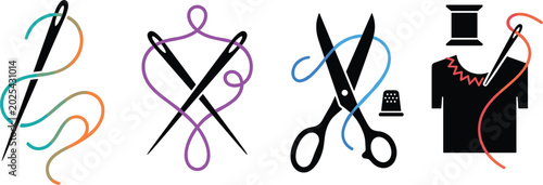 Foto Tailoring and sewing vector icon set with needle thread scissors thimble and shi