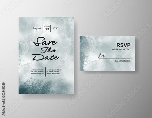 Luxury wedding stationery design with artistic watercolor splash and elegant script text arrangement 