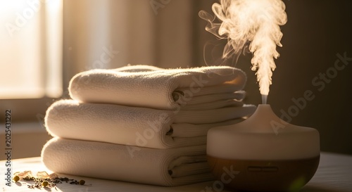 Folded Towels and Glowing Diffuser in Golden Sunlight Representing Relaxation and Calm
