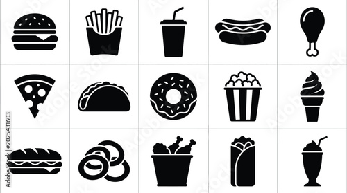 Tableau sur toile Black and white food including burgers, fries, drinks, and snacks, arranged in a