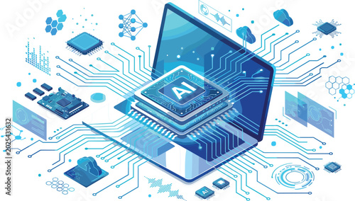 Tableau sur toile Artificial intelligence and deep learning isometric vector illustration with lap