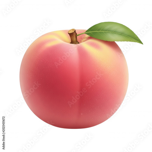 A single, round peach fruit with a soft pink and yellow gradient skin, featuring a small brown stem and a single green leaf, isolated on black
