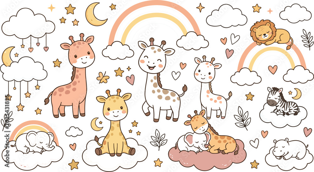 Fototapeta premium Cute boho nursery safari animal sticker set with cartoon baby giraffes elephant lion zebra sleeping on clouds under rainbows for kids wall decor vector illustration