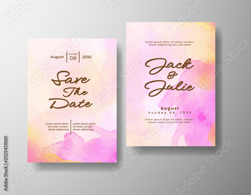 Luxury wedding stationery design with artistic watercolor splash and elegant script text arrangement 