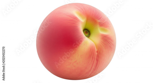 A single, round, pink and yellow peach fruit isolated against a solid black background, showing soft skin texture and a central stem cavity