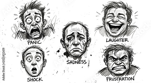 Tableau sur toile Hand drawn human facial expressions line art set featuring man avatars showing d