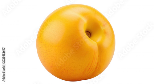 A single, round, yellow nectarine or plum fruit centered against a solid, deep black background, showcasing smooth skin and a small stem