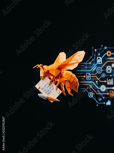 Origami bee with paper note and digital network for business ai agent concept on black background