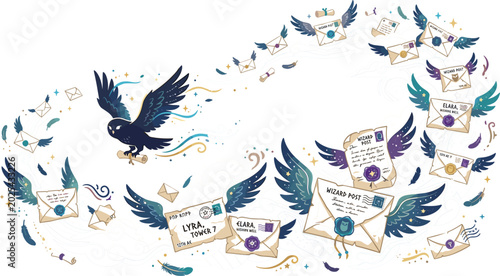 Canvas-taulu Magical owl messenger flying with winged envelopes acceptance letters and wax se