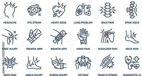 Quadro su tela Medical pain and injury line icon set with headache heart issue lung problem bac