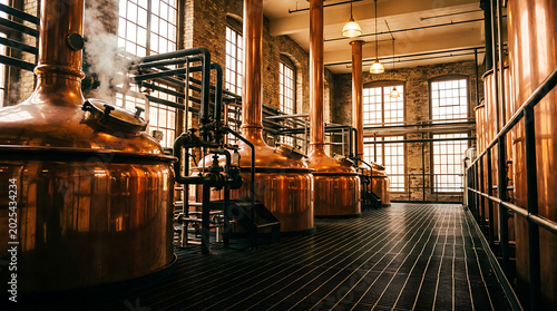 Traditional distillery interior featuring large copper stills and industrial piping for alcohol production in a brick building