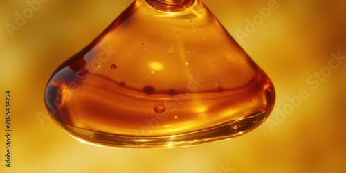 Amber resin reveals layered internal structures and intricate inner patterns. Honey golden liquid appears as a floating shape. Droplet illuminates with warm hues.	