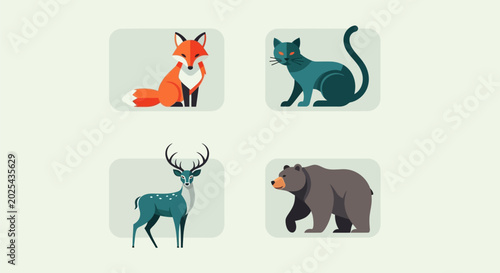 Obraz na płótnie Animals such as a fox, cat, deer, and bear are illustrated.
