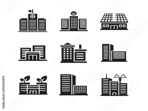 Set of black line cityscape vector illustration in flat style