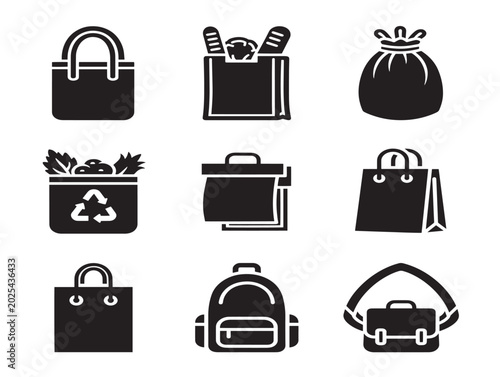 Vector illustration of various shopping bags and backpacks in flat style