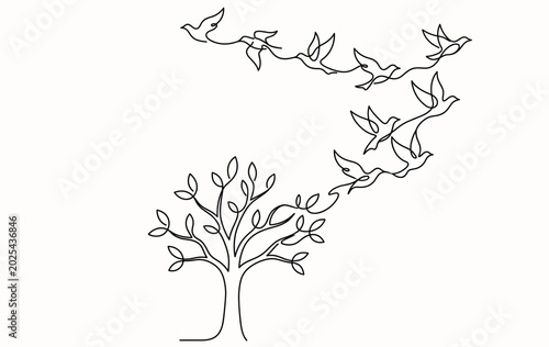 Foto Birds flying above tree branches, freedom and nature concept
