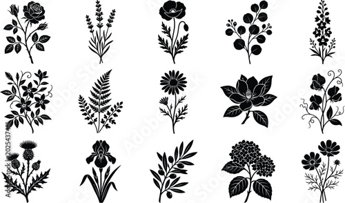 Foto Black floral silhouettes, 16 assorted flower and plant flowers plants