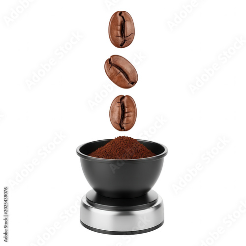 Three coffee beans dropping into a black cup