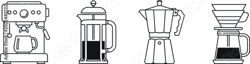 Photos Coffee maker line icon set with espresso machine french press moka pot and pour
