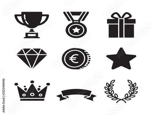 Vector illustration of awards and medals with crown and laurel wreath in flat style