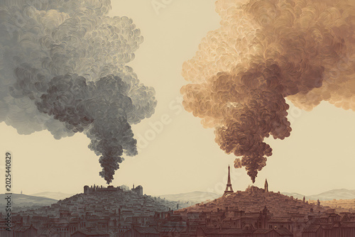 Illustration depicting two cityscapes, each with a plume of thick smoke obscuring parts of the skyline, conveying environmental concerns