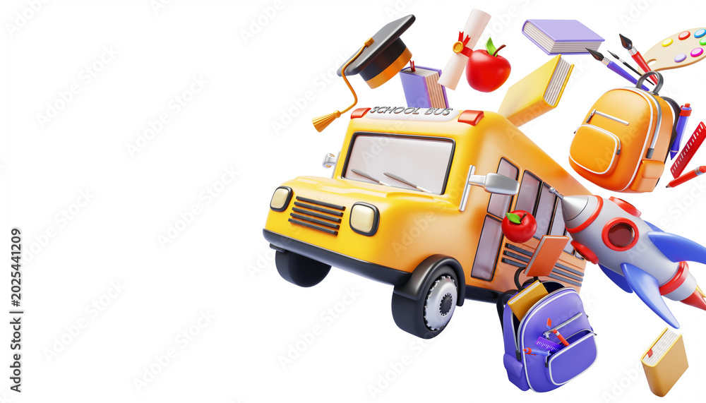 Naklejka premium Back to school 3d banner with flying yellow bus, backpack, books, rocket, stationery supplies, graduation cap and paper diploma on blue background. Welcome education poster template